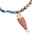 Collier poisson doré émail rouge perles multicolores 90 cm