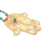 Collier doré main de Fatma gravée avec turquoise et perles vertes 75 cm