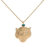 Collier doré tête de tigre avec turquoise 60 cm