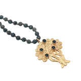 Collier doré perles grises arbre de vie onyx noire 75 cm
