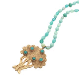 Collier arbre de vie doré turquoise avec perles vertes 75 cm