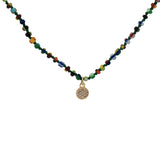 Collier doré perles multicolores médaille zircons 38 cm