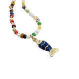 Collier doré perles multicolores poison bleu 38 cm