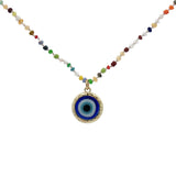 Collier doré perles multicolores oeil bleu verre soufflé 38 cm