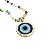 Collier doré perles multicolores oeil bleu verre soufflé 38 cm
