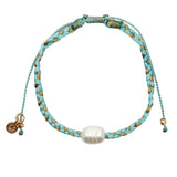 Bracelet cordon tressé turquoise er doré et perle de culture