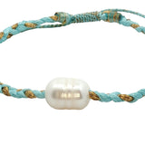 Bracelet cordon tressé turquoise er doré et perle de culture