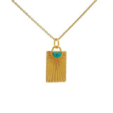 Collier doré plaque rectangulaire rayons de soleil avec turquoise
