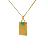 Collier doré plaque rectangulaire rayons de soleil avec turquoise