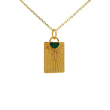 Collier doré plaque rectangulaire rayons de soleil avec onyx verte 42 cm
