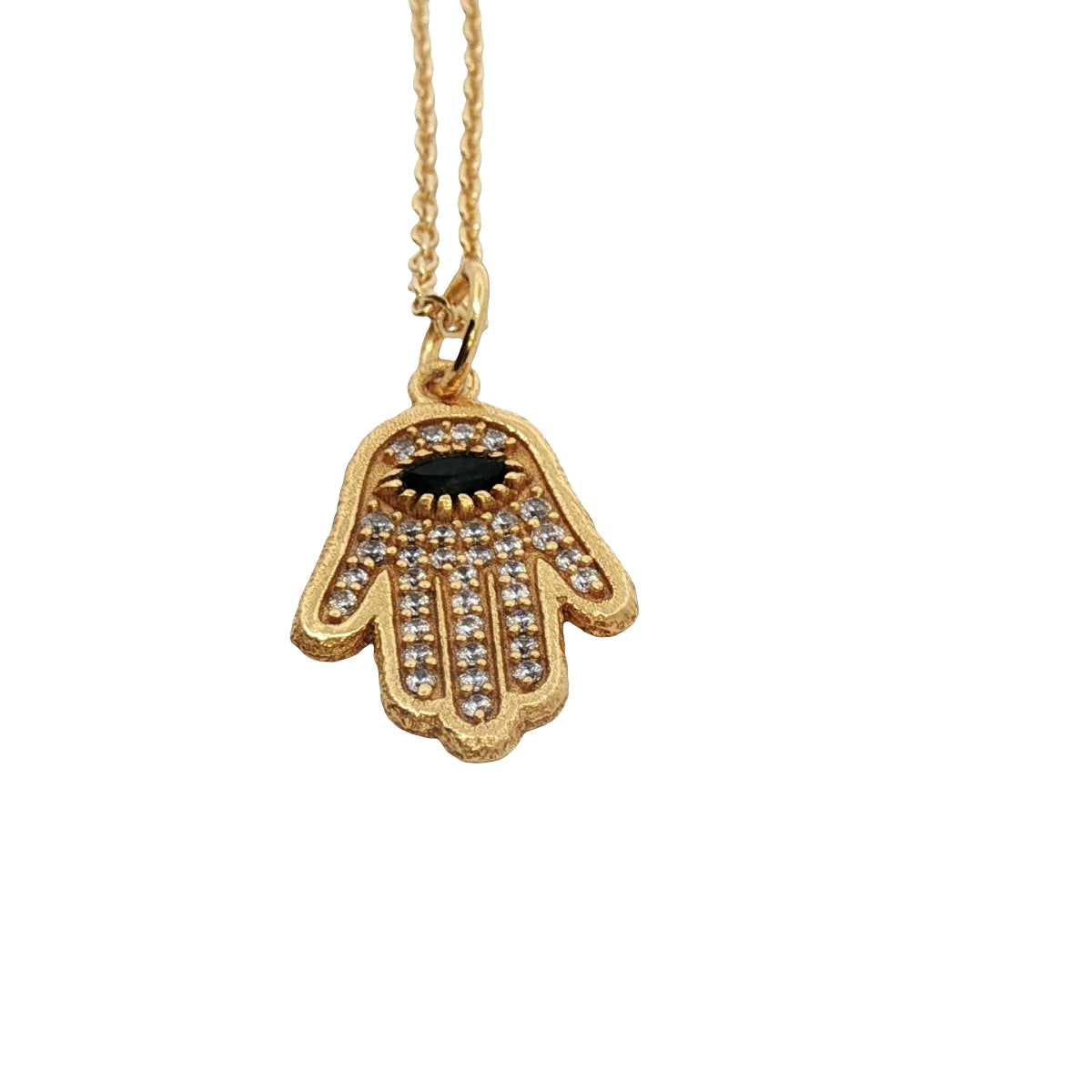 Gold necklace with hand of Fatima stone and zircons