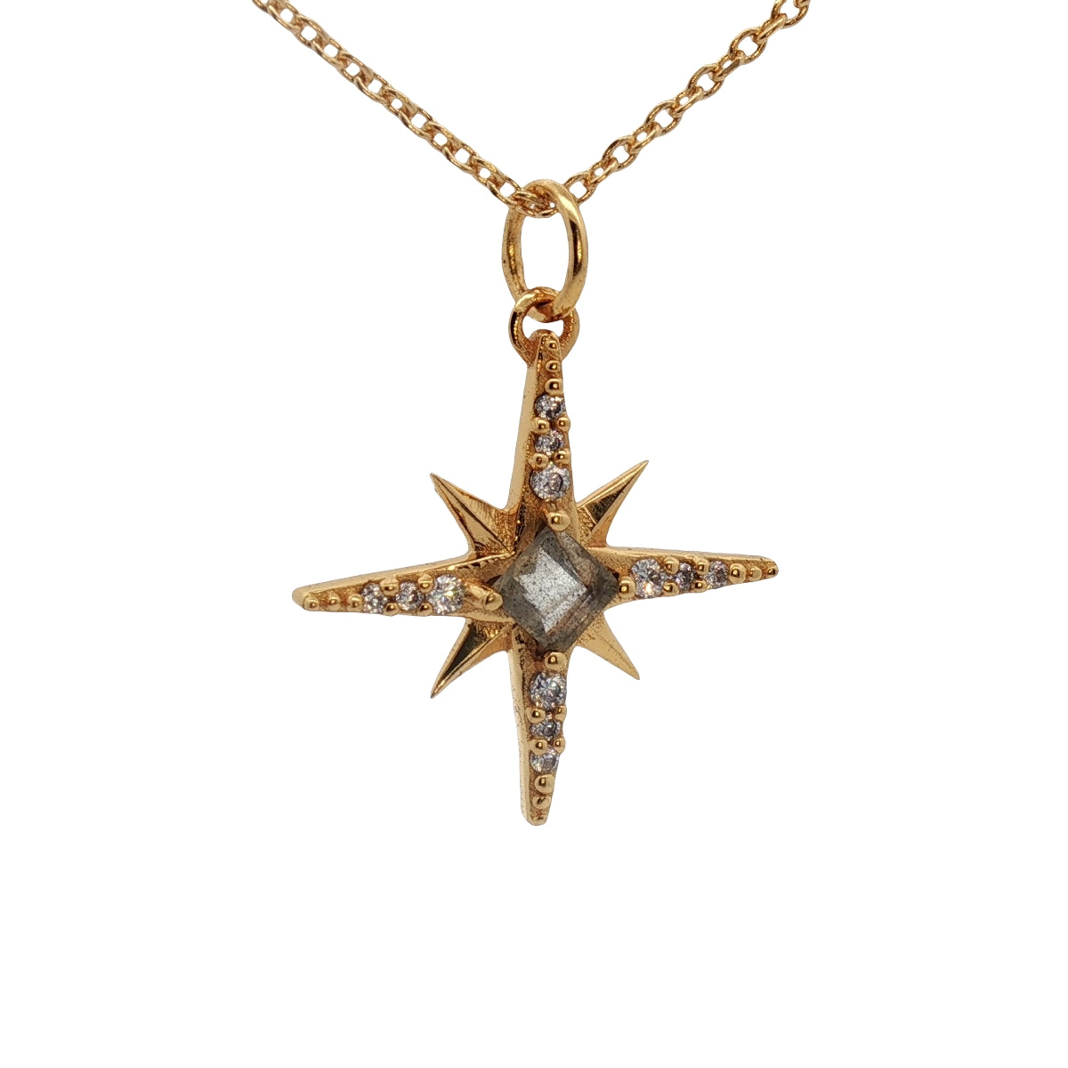 Collier doré pendentif rose des vents pierre et zircons