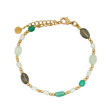 Bracelet doré mix onyx verte, prehnite, quartz fumé, perle de culture et boule dorées