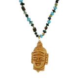 Collier perles bois et pierres et bouddha 60cm