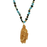 Collier perles bois et pierres et bouddha 60cm
