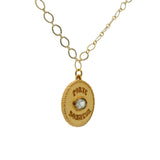 Collier doré médaille préhnite ovale et "PORTE BONHEUR" 60cm