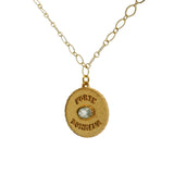 Collier doré médaille préhnite ovale et "PORTE BONHEUR" 60cm
