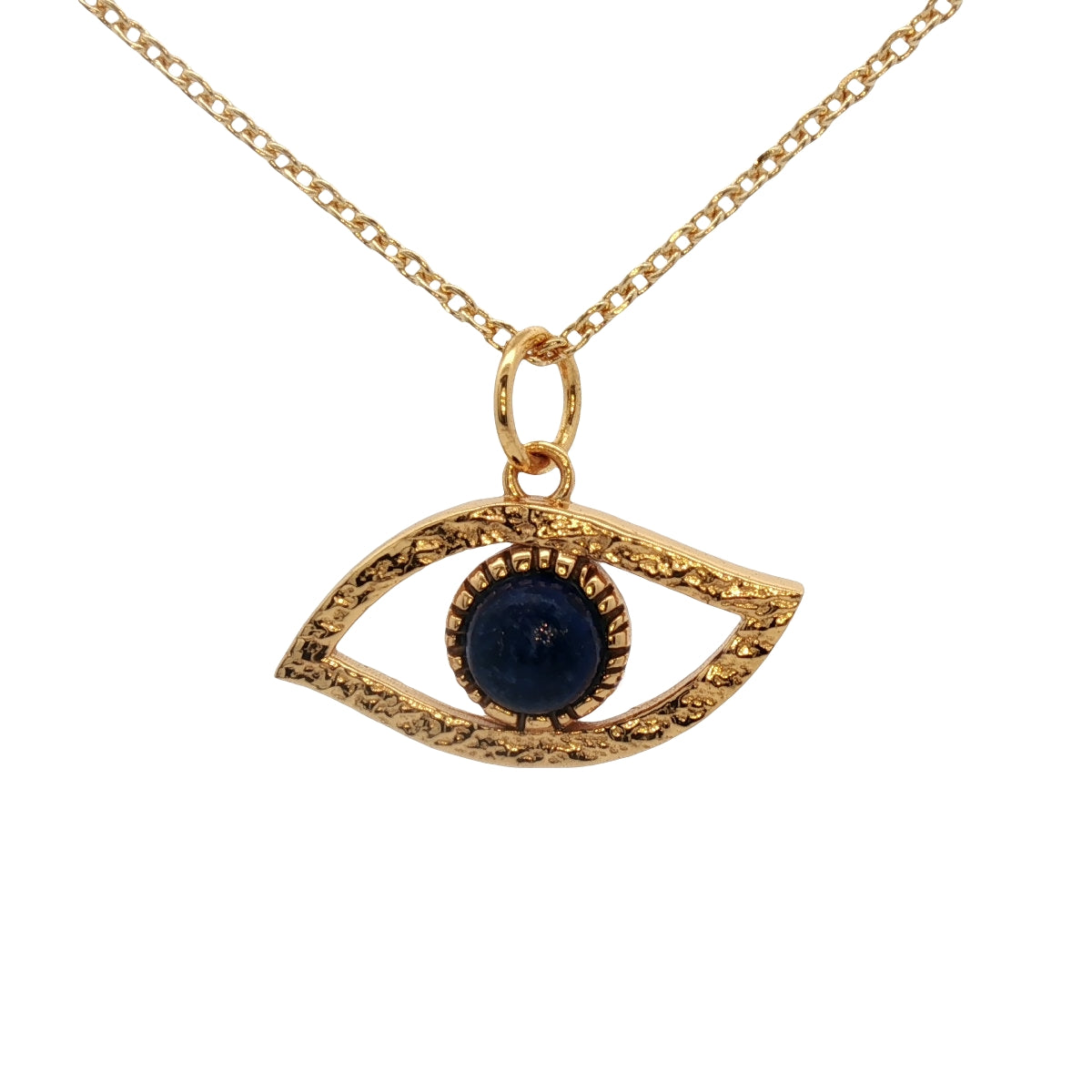 Gold necklace with hammered eye and stone pendant