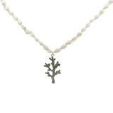 Collier doré coquillages et branche de corail dorée en zircons bleus 80 cm
