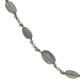 Collier doré alternance labradorite, pierre de lune, perles dorées et noeuds gris 50 cm