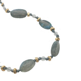 Collier doré alternance labradorite, pierre de lune, perles dorées et noeuds gris 50 cm