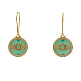 Boucles d'oreilles dorées médaille oeil en onyx verte et zircons blancs