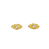 Gold stud earrings with hammered eye and stone