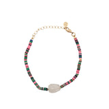 Bracelet doré disques vinyles colorés et quartz rose