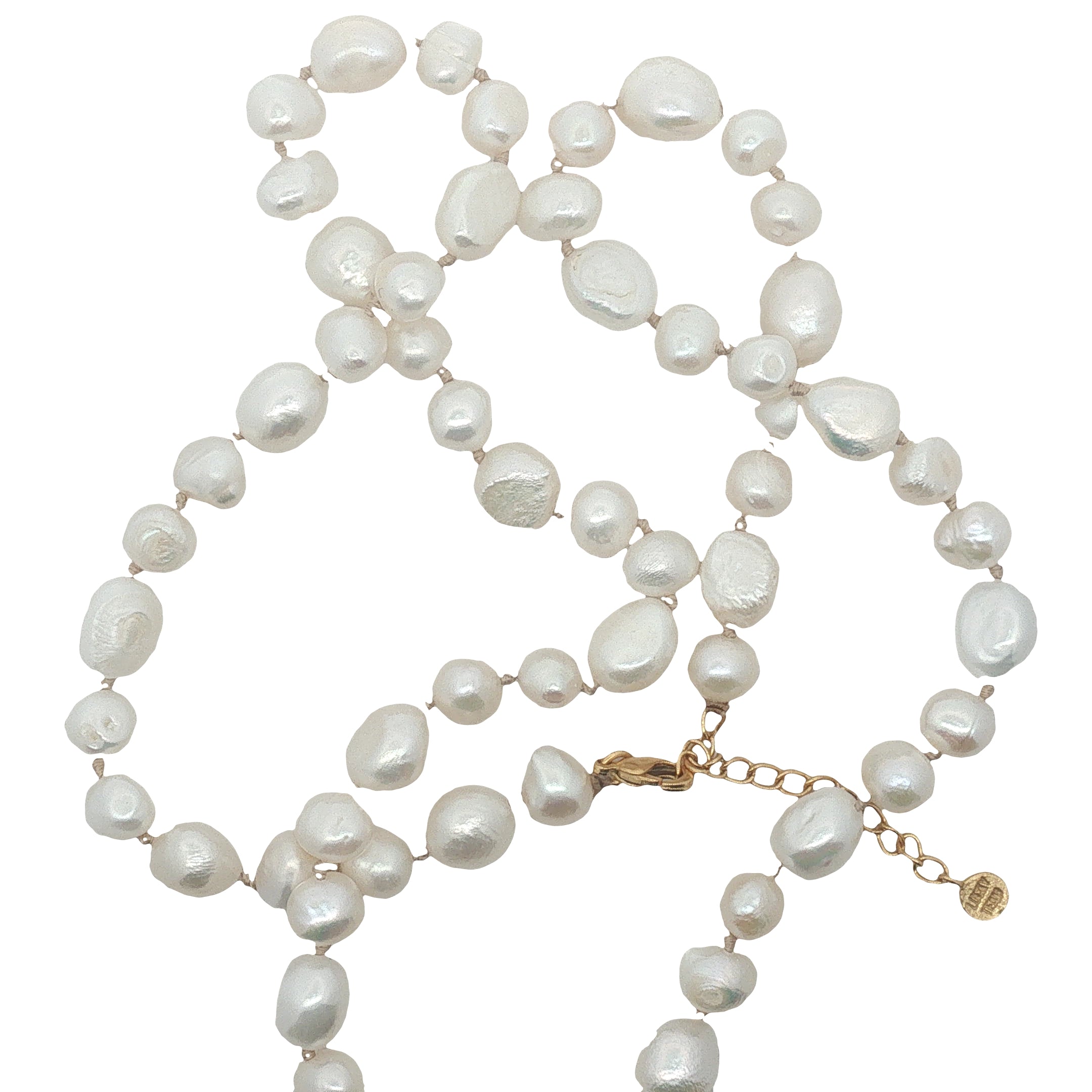 Collier doré perles de culture de différentes tailles avec noeuds beige 60 cm