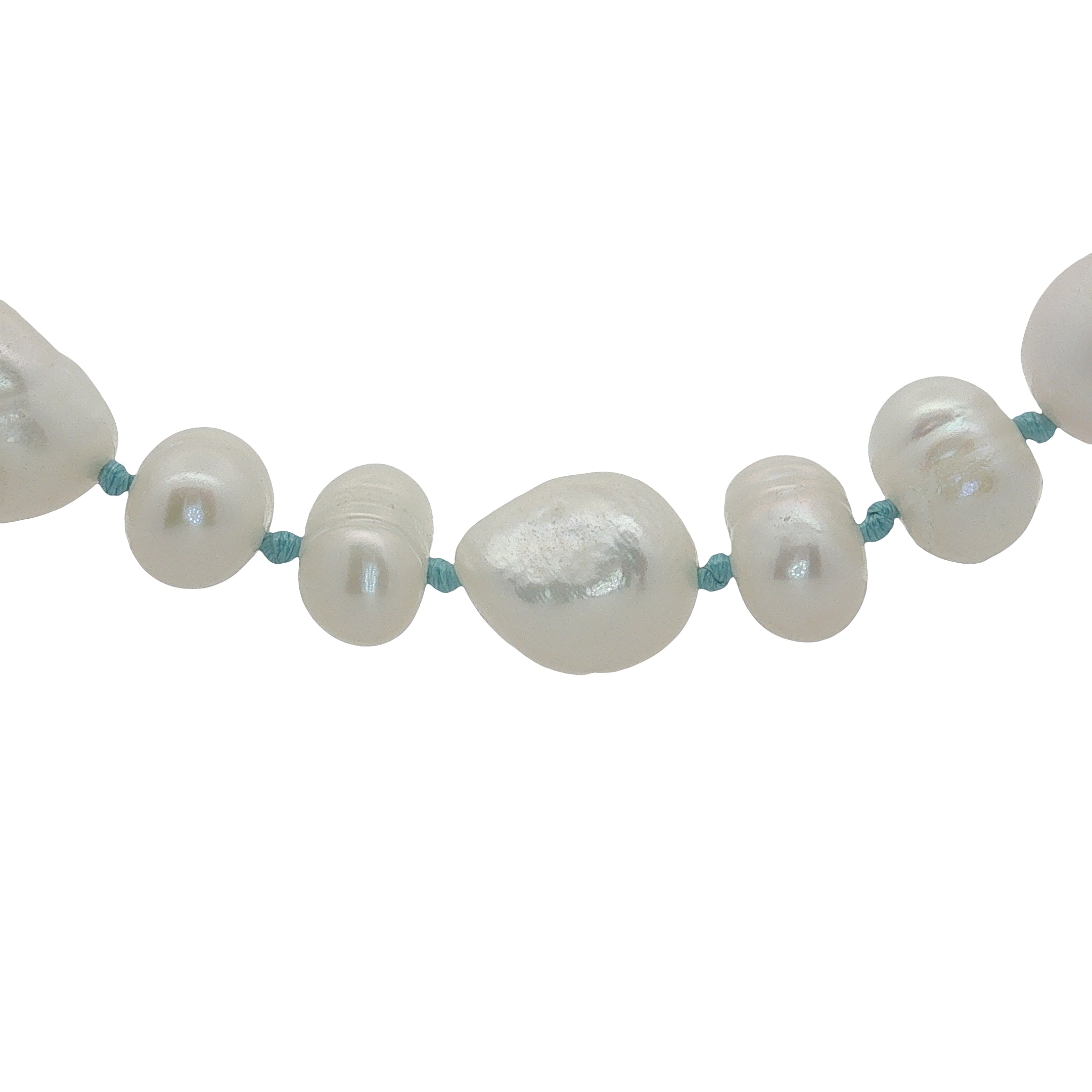 Collier doré perles de culture,de différentes tailles avec noeuds turquoise 60 cm