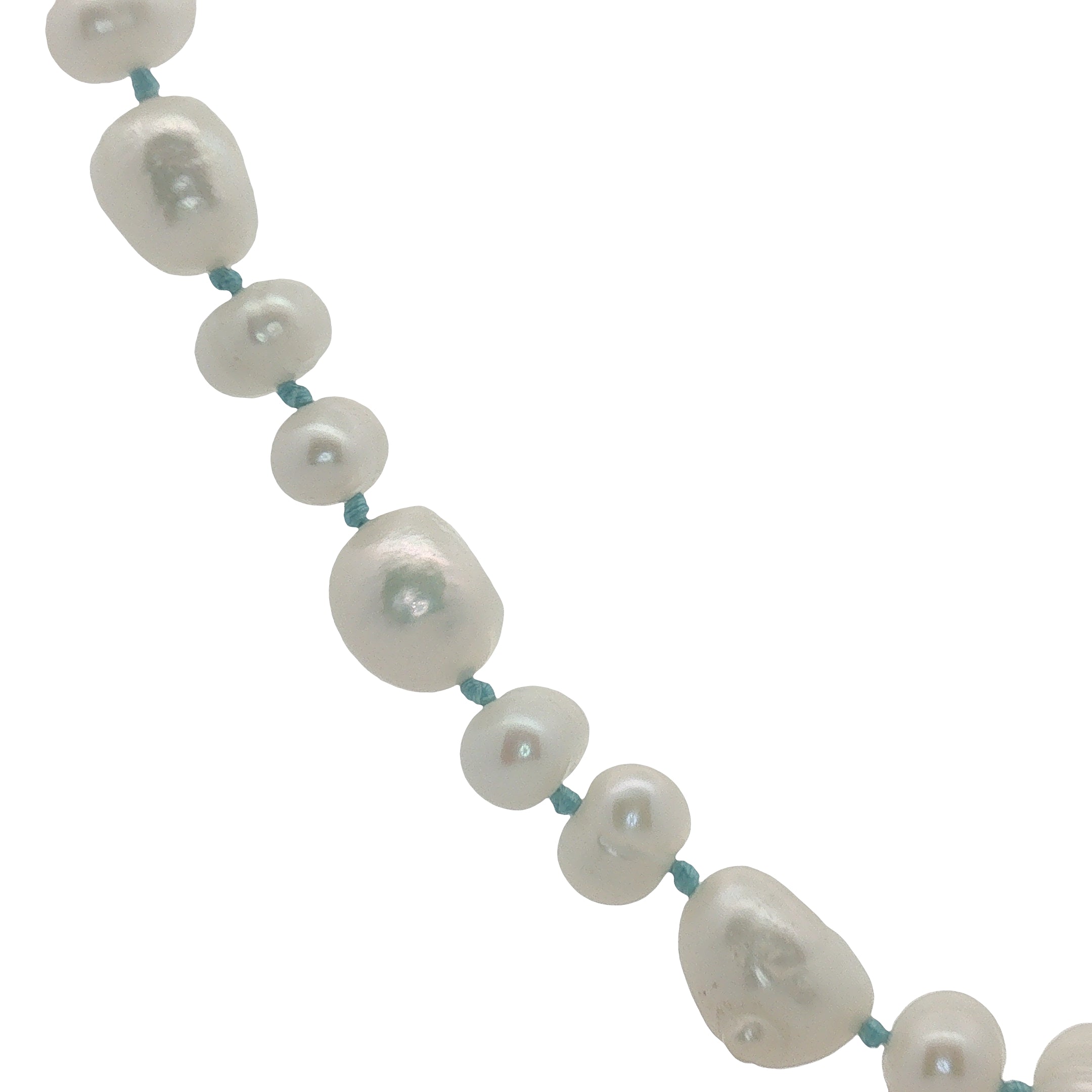 Collier doré perles de culture,de différentes tailles avec noeuds turquoise 60 cm