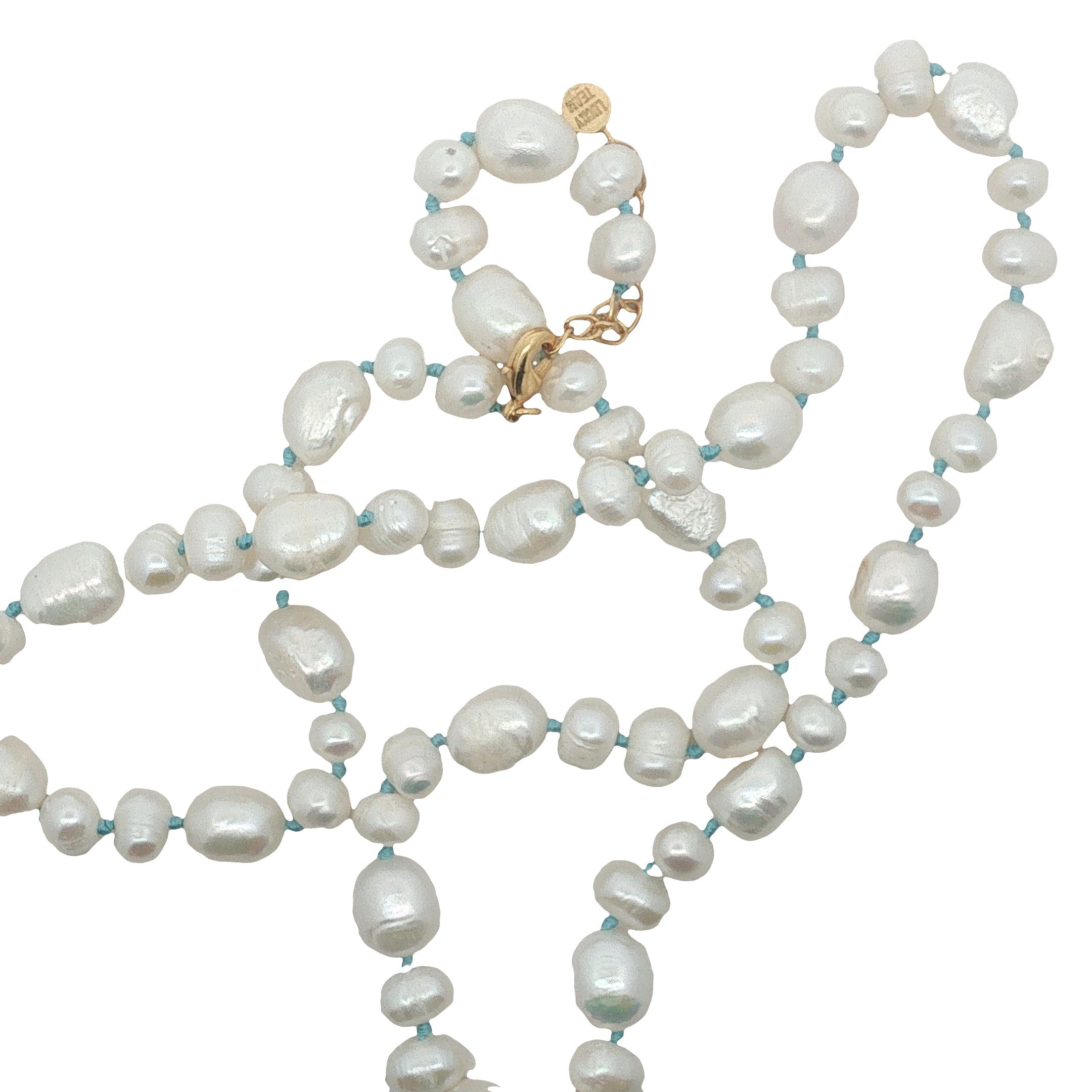Collier doré perles de culture,de différentes tailles avec noeuds turquoise 60 cm
