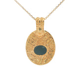Gold necklace with engraved flower and stone pendant
