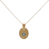 Collier doré pendentif ovale fleurs gravées et labradorite 42 cm