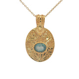 Collier doré pendentif ovale fleurs gravées et labradorite 42 cm
