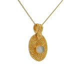 Gold necklace with engraved flower and stone pendant