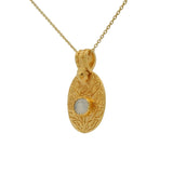 Gold necklace with engraved flower and stone pendant