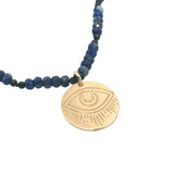 Collier doré lapis lazulis médaille avec oeil gravé 60 cm
