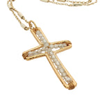 Collier doré croix martelée avec prehnite à l'intérieur 42 cm