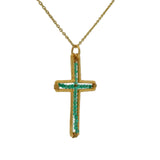 Collier doré croix martelée avec enfilade d'onyx verte 42 cm