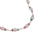 Collier doré avec tourmaline, quartz rose et noeuds blancs 60 cm