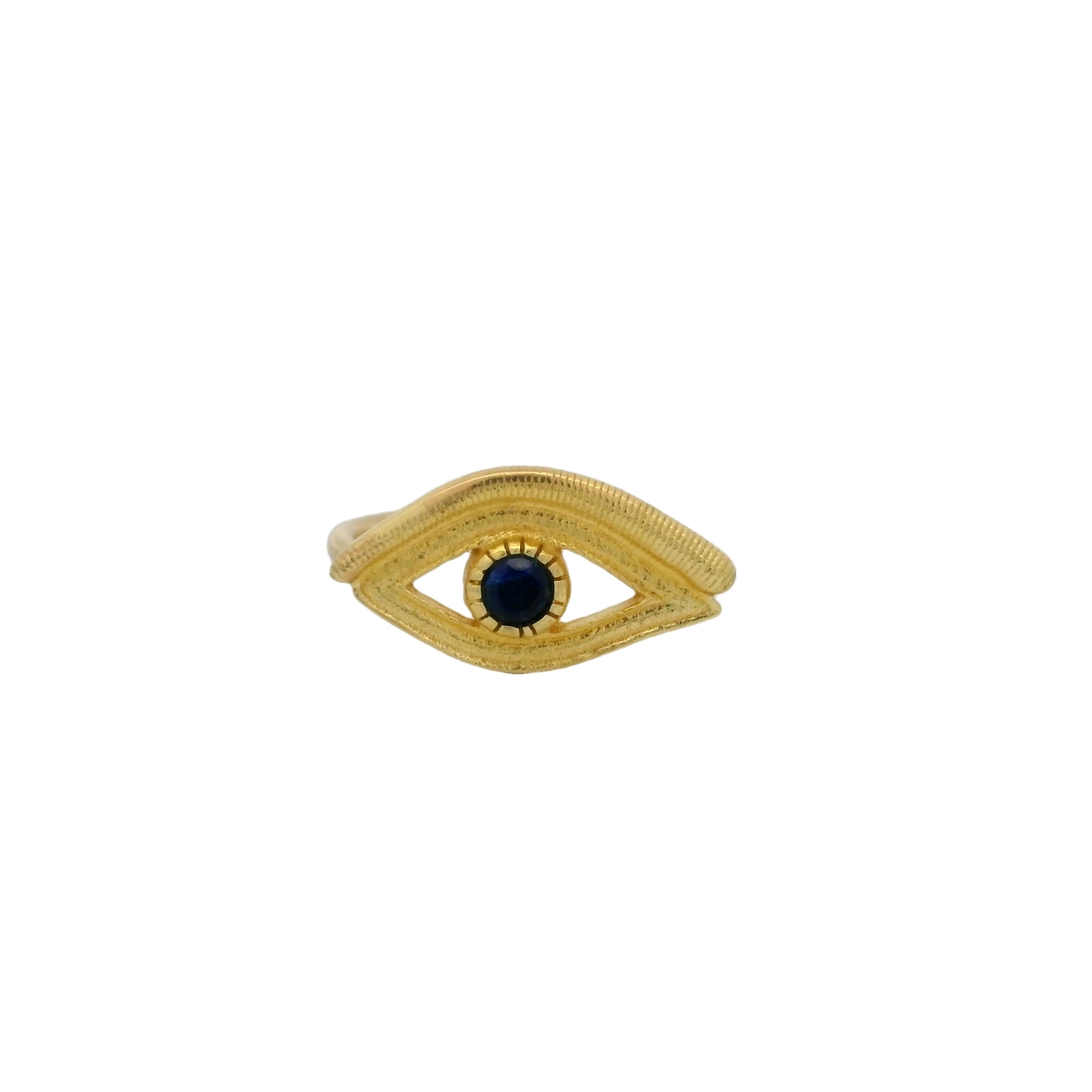 Gold ring with textured eye and stone