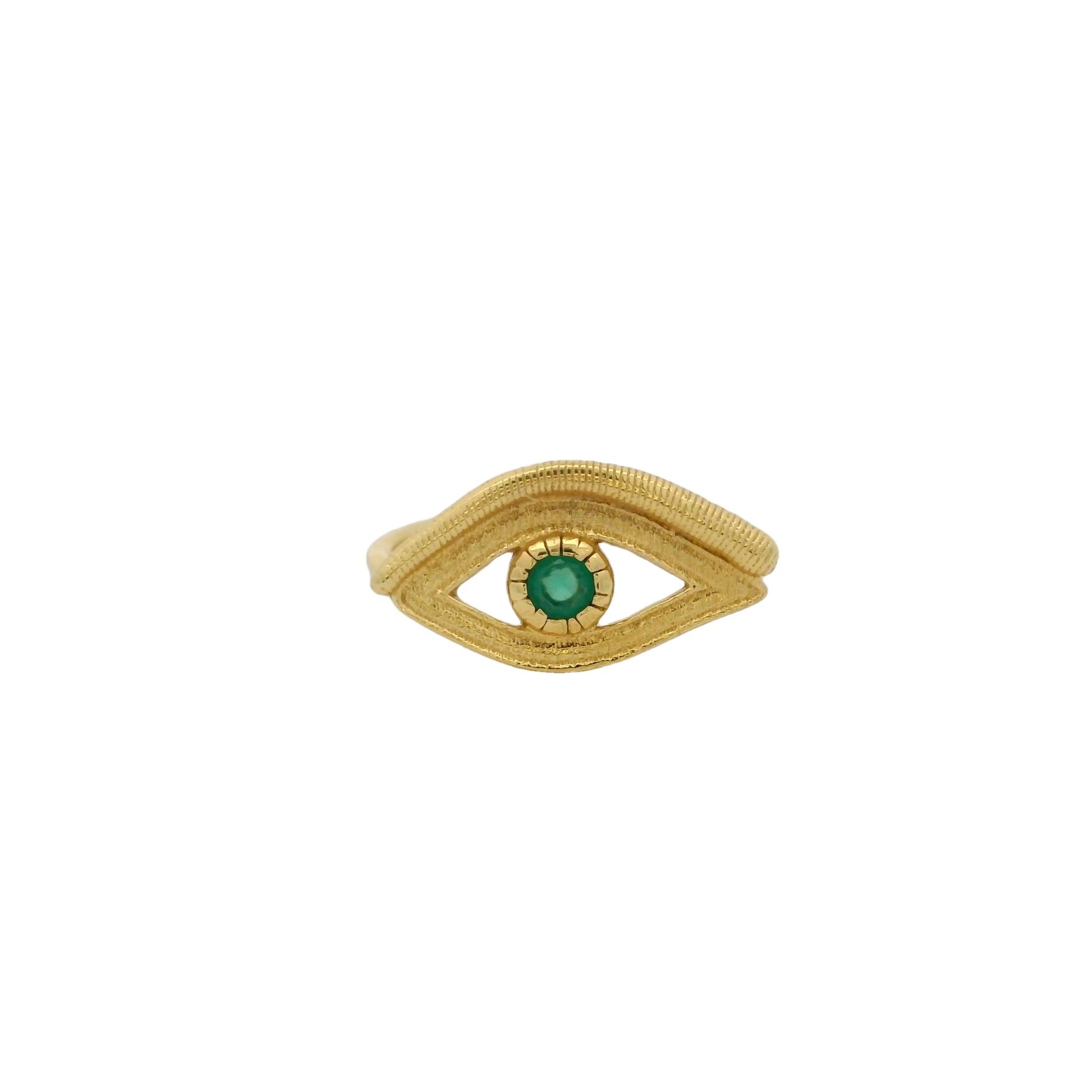 Gold ring with textured eye and stone