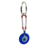 Porte-clefs oeil rond en pâte de verre soufflé bleu mix perles rouges
