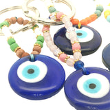 Porte-clefs oeil rond en pâte de verre soufflé bleu mix perles rouges