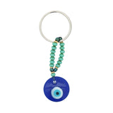 Porte-clefs oeil rond en pâte de verre soufflé bleu mix perles vertes