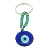 Porte-clefs oeil rond en pâte de verre soufflé bleu mix perles vertes