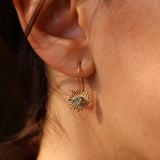 Golden earrings with sun, eye and stone
