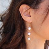 Golden earrings trilogy of pearls and pink tourmaline