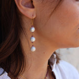 Golden earrings trilogy of pearls and pink tourmaline